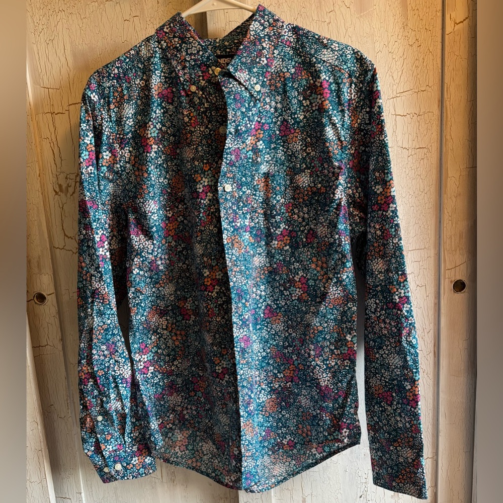 LANDS END Mens Longsleeve Floral Print Blue Orange Button Up Shirt size Medium